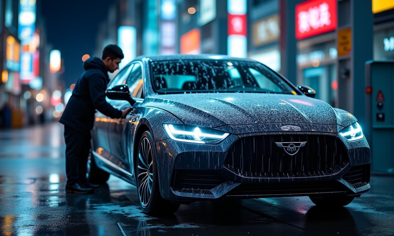 新宿の夜景を背景にしたプレミアムな手洗い洗車の様子