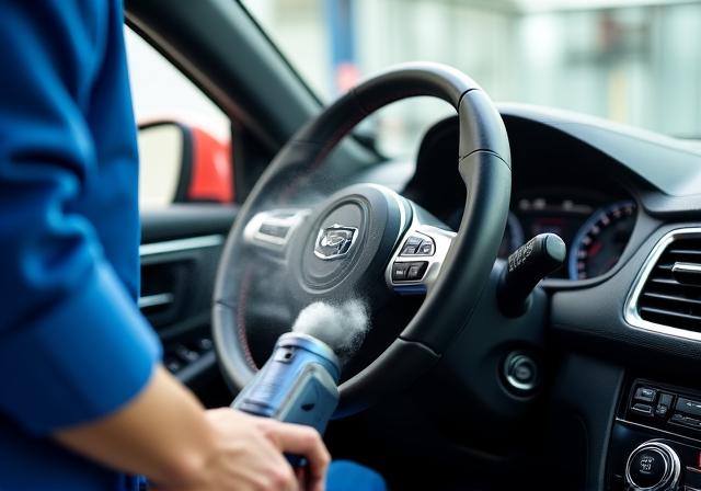 プロによる精密な車内清掃の様子